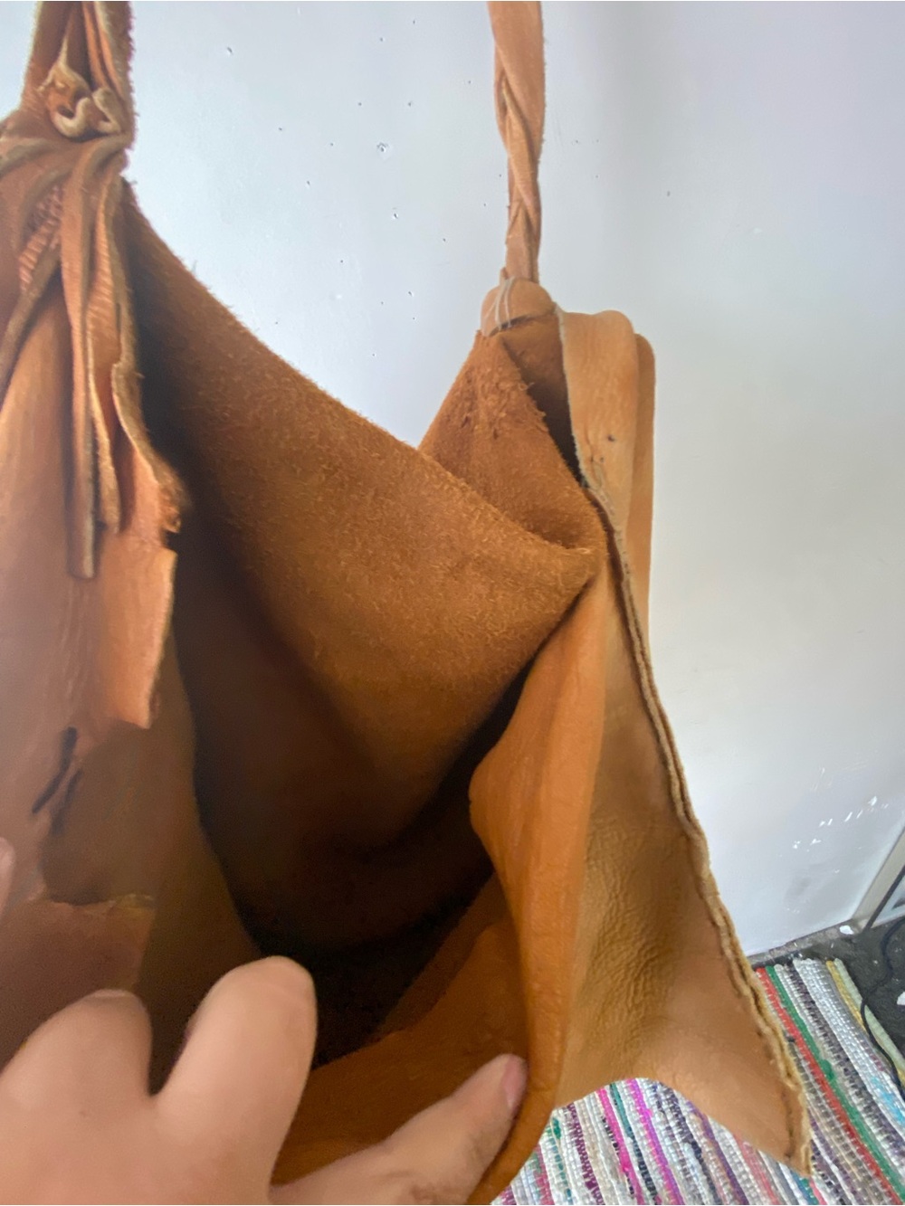 Handmade Asymmetrical Leather Shoulder Bag Tan Distressed Boho Grunge OS - Picture 11 of 16